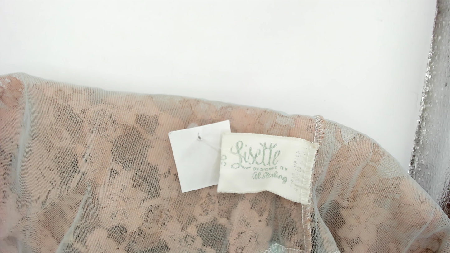 70s Sheer Nightgown Beige Lace Blue Chiffon Maxi Peignoir Empire Waist Tie Fairy Coquette Lingerie Robe Babydoll Vintage Romantic Small S