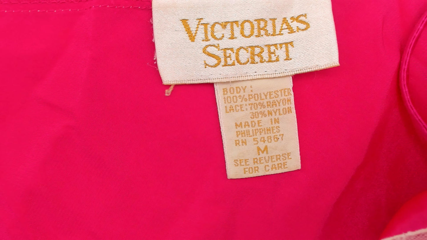 Hot Pink Slip Dress Victoria's Secret Gold Tag Mini 90s Lingerie Nightgown Lace Trim Coquette Babydoll Magenta Valentines Day Medium M
