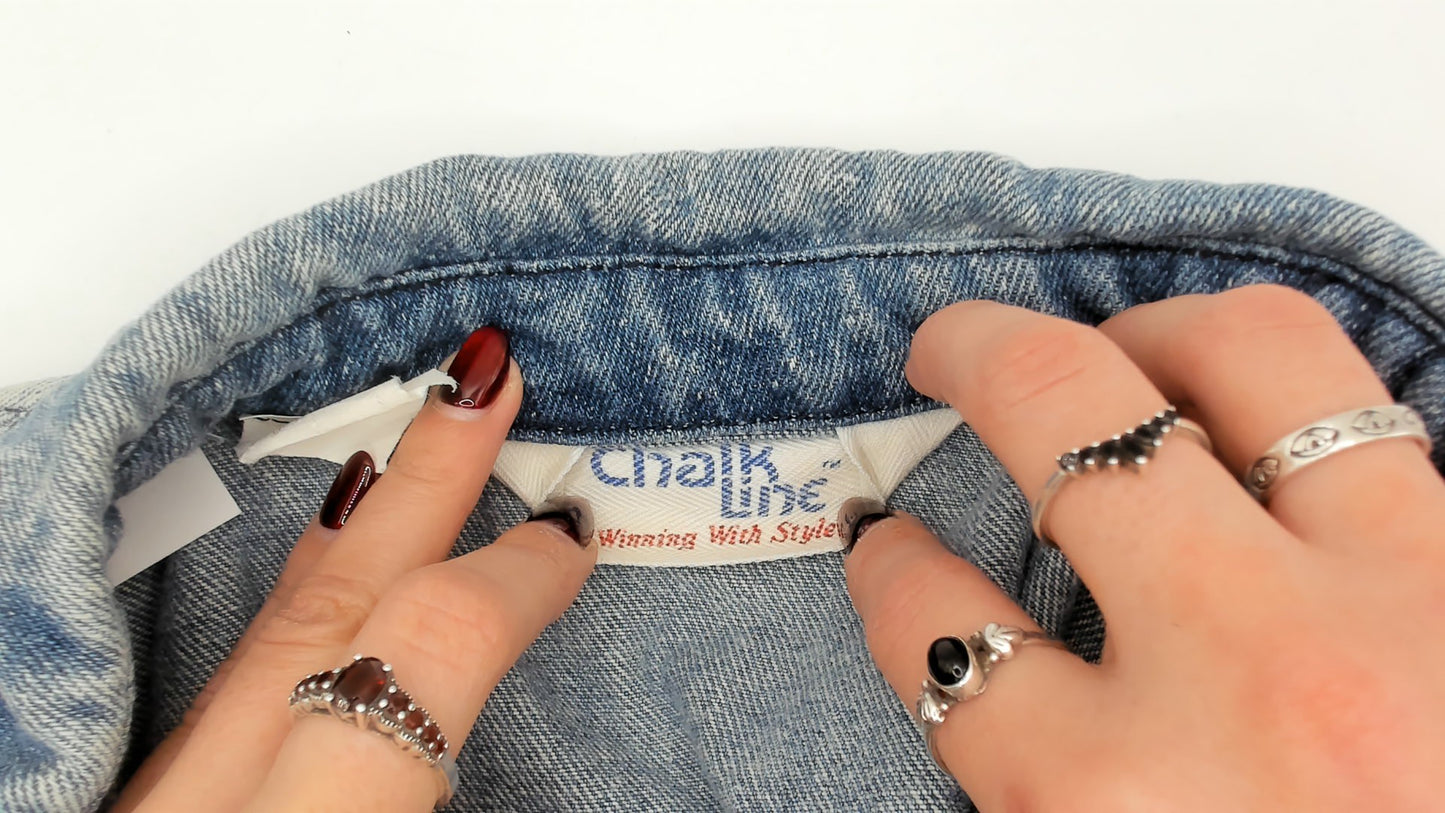 San Francisco 49ers Denim Jacket 80s Acid Wash Bomber Chalk Line Blue NFL Football Cotton Elastic Waist Vintage Sports Windbreaker Large L