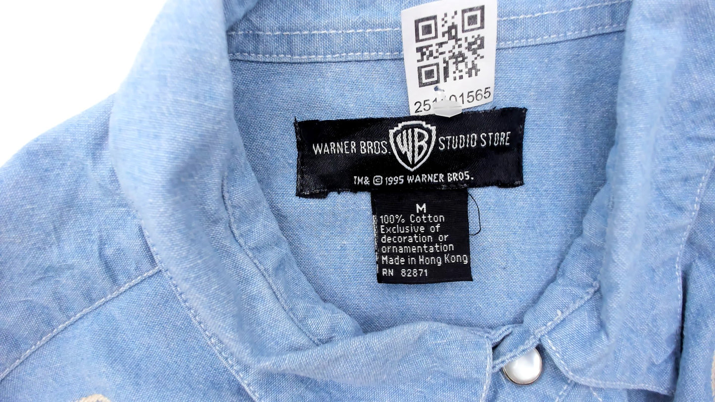 Looney Tunes Western Snap Button Shirt Warner Bros 90s Denim Tasmanian Devil Taz Embroidered Blue Chambray Cotton Novelty Cartoon Medium M