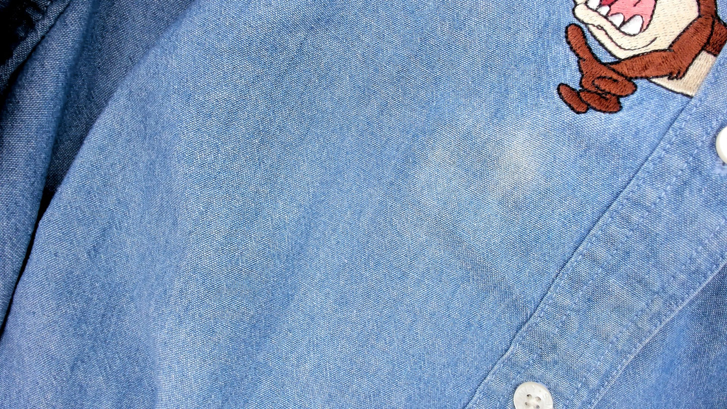 Looney Tunes Shirt Y2K Warner Bros Chambray Blue Denim Embroidered Cartoon Character Cotton Vintage Tweety Bugs Bunny Sylvester Taz Medium M