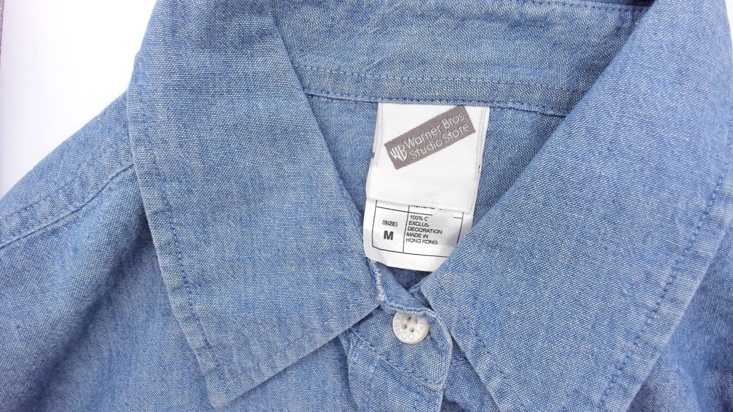 Looney Tunes Shirt Y2K Warner Bros Chambray Blue Denim Embroidered Cartoon Character Cotton Vintage Tweety Bugs Bunny Sylvester Taz Medium M