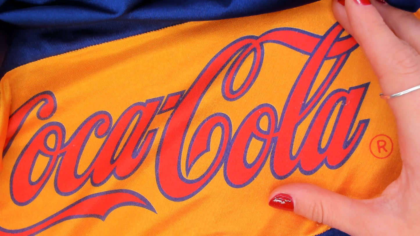 Coca Cola Swimsuit 80s One Piece Bathing Suit Cobalt Blue Yellow Low Back Swim Bodysuit Vintage Beach Pool Summer Pin Up Medium Large M L