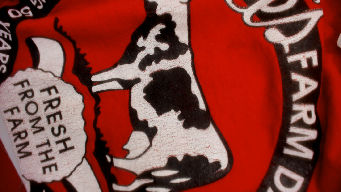 Patkes Farm Dairy Tee 90s Cow Graphic Print Red Cotton Shirt Villa Ridge Missouri Anniversary Vintage Short Sleeve Tomato Crimson Large L