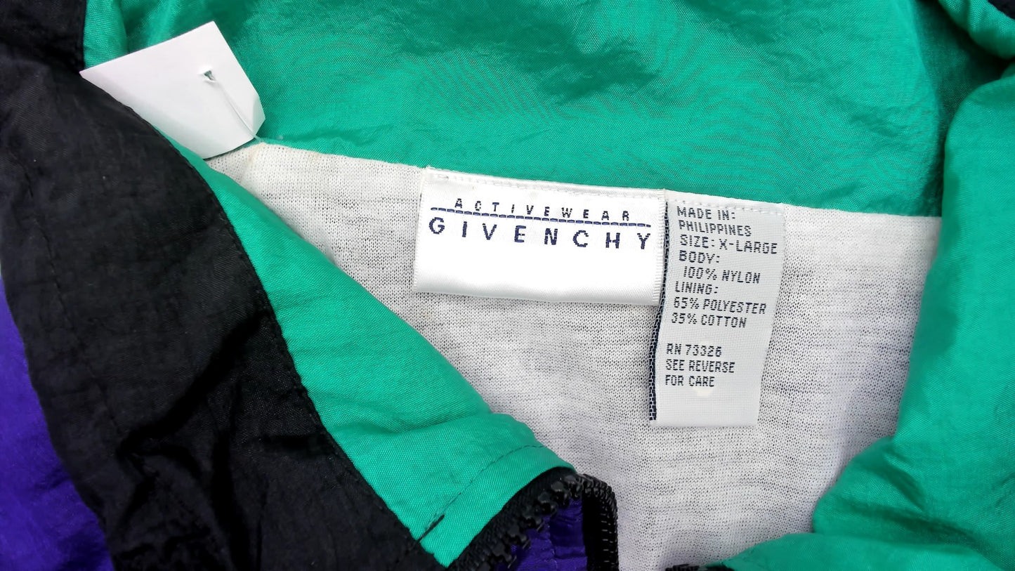 90s Givenchy Windbreaker Purple Teal Black Color Block Zip Front Track Jacket Colorful Athletic Sporty Streetwear Magenta Extra Large XL