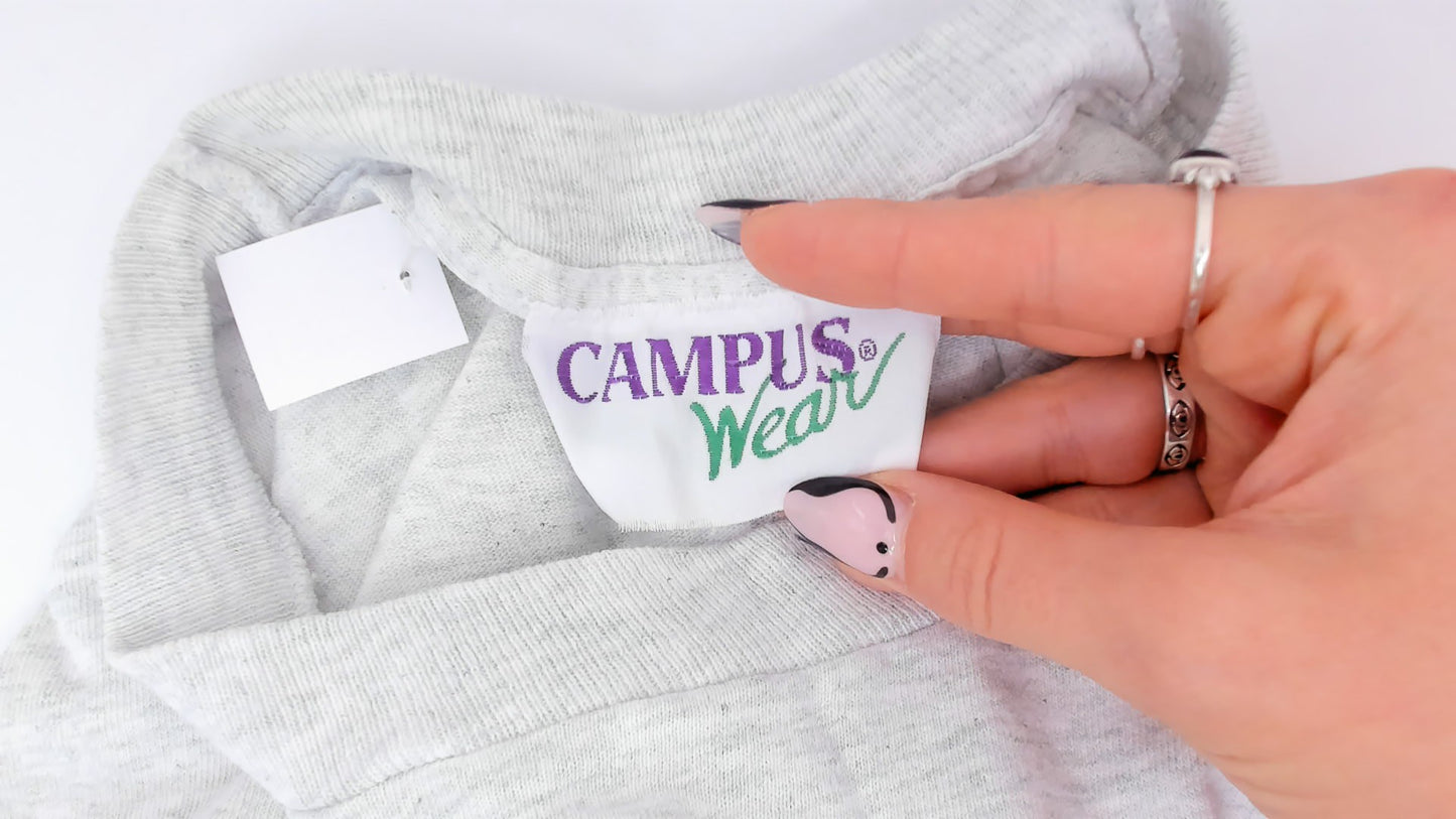 90s LBI Embroidered Tee Plaid Cuff Sleeve Grey Heather Cotton Collegiate Preppy Beach Town Souvenir Campus Wear Top Shirt Vintage Medium M