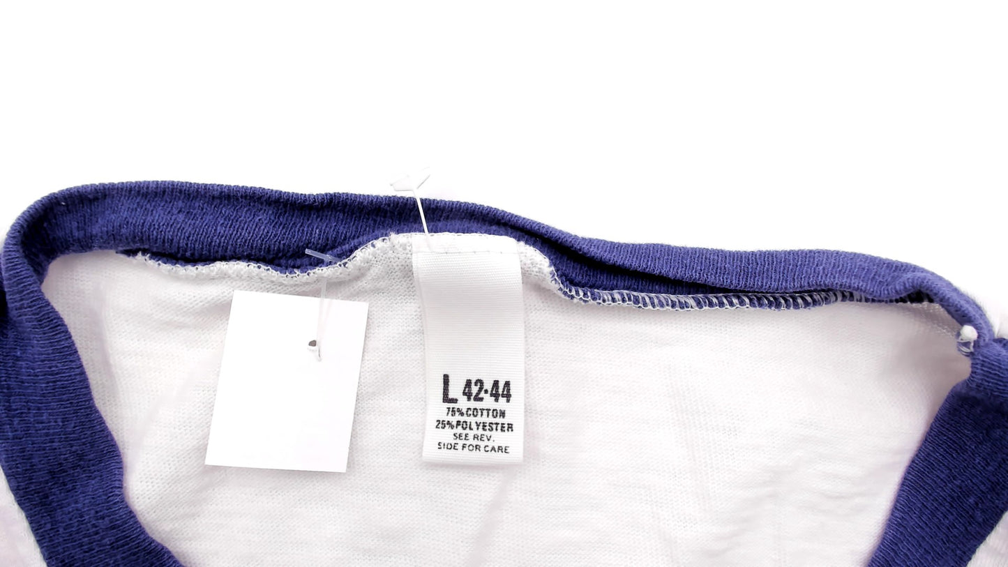 Jerry Lewis Telethon 80s Ringer Tee White Navy Blue Contrast Sleeve Cotton Las Vegas Labor Day Comedy Television Vintage Shirt Large L
