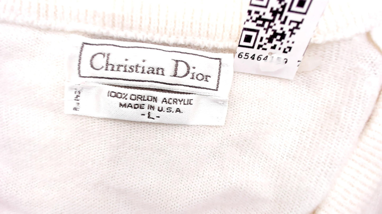 Christian Dior V Neck Sweater 80s Cream Pullover Knit Long Sleeve Tunic Length Off White Vintage Designer Preppy Collegiate Top Large L