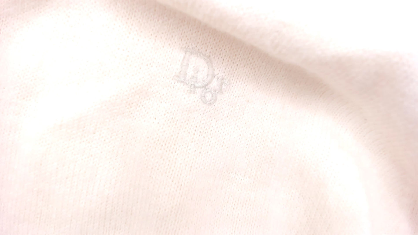 Christian Dior V Neck Sweater 80s Cream Pullover Knit Long Sleeve Tunic Length Off White Vintage Designer Preppy Collegiate Top Large L
