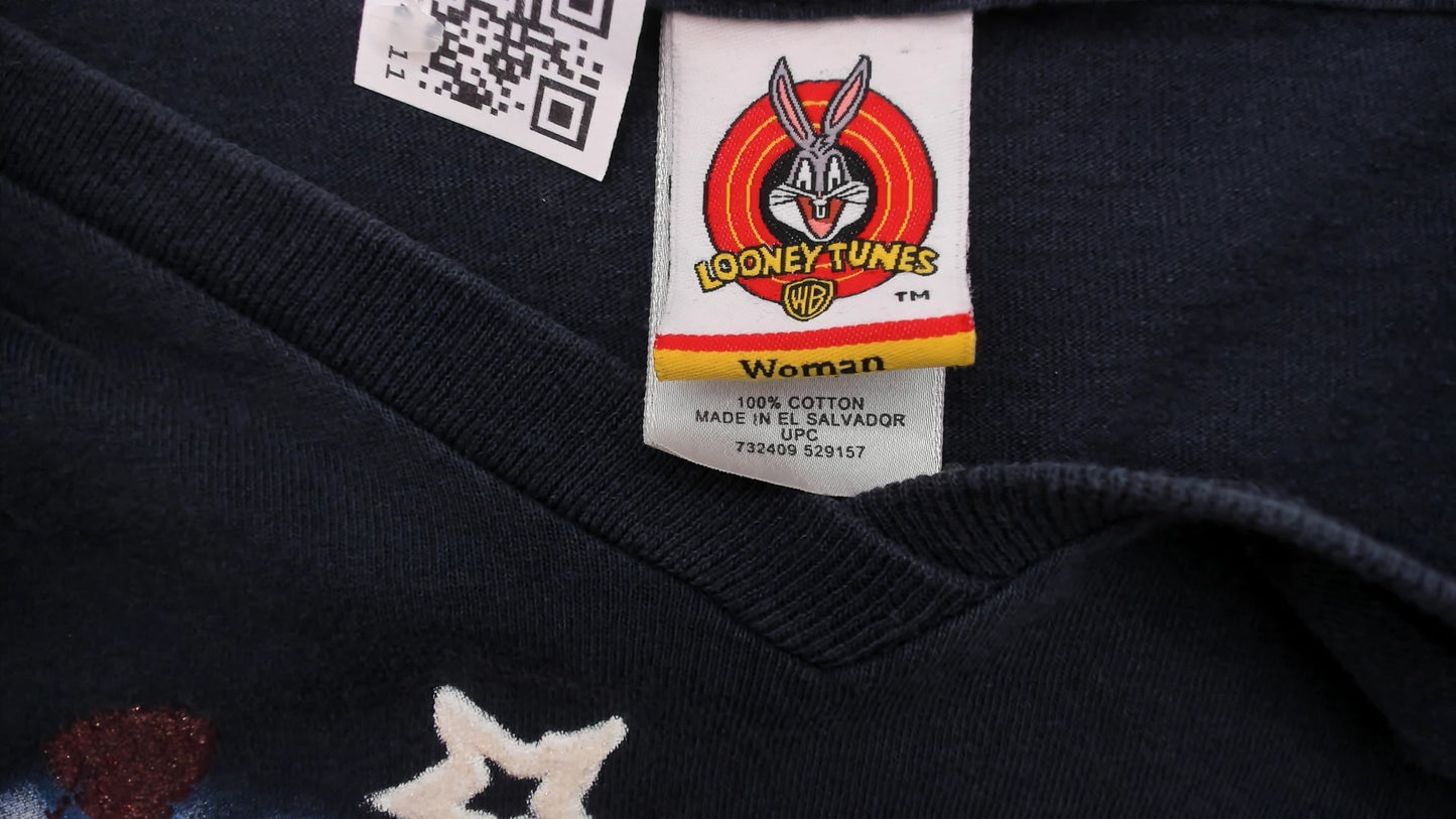 Tweety Bird Tee 90s Looney Tunes Born Free Graphic V Neck Cotton Navy Blue Cartoon Stars Heart Boxy Relaxed Fit Dark Shirt Plus Size 2X XXL
