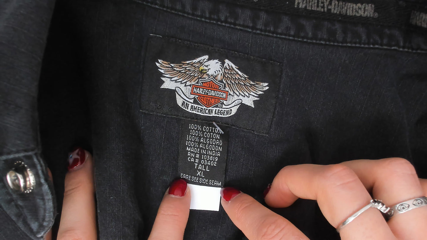 Harley Davidson Snap Button Shirt Black Cotton Work Top Motorcycle Logo Biker Collar Pocket Tall Vintage 90s Grunge Riding Extra Large XL