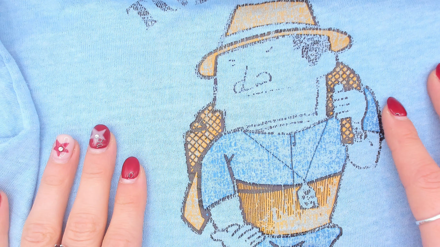 Tora San Fan Club LA Crop Top 80s Japanese Film Cartoon Graphic Tee Light Blue Cotton Cropped Baby Shirt Anime Character Vintage Medium M