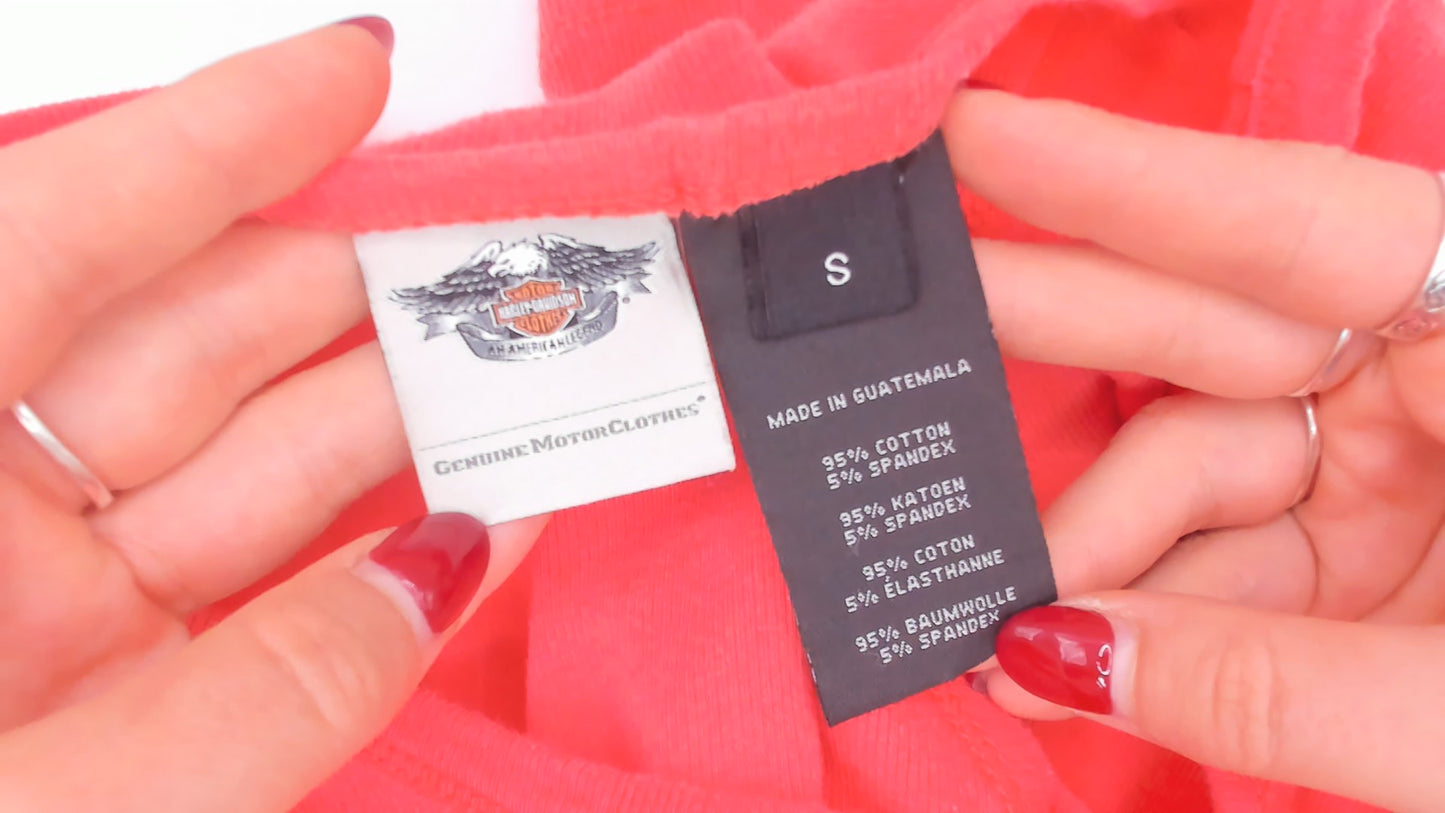 Coral Harley Davidson Tank Top 2000s  Ribbed Cotton Motorcycle Biker Salmon Pink Fitted Sleeveless Shirt Y2K Sparkle Cami Small S