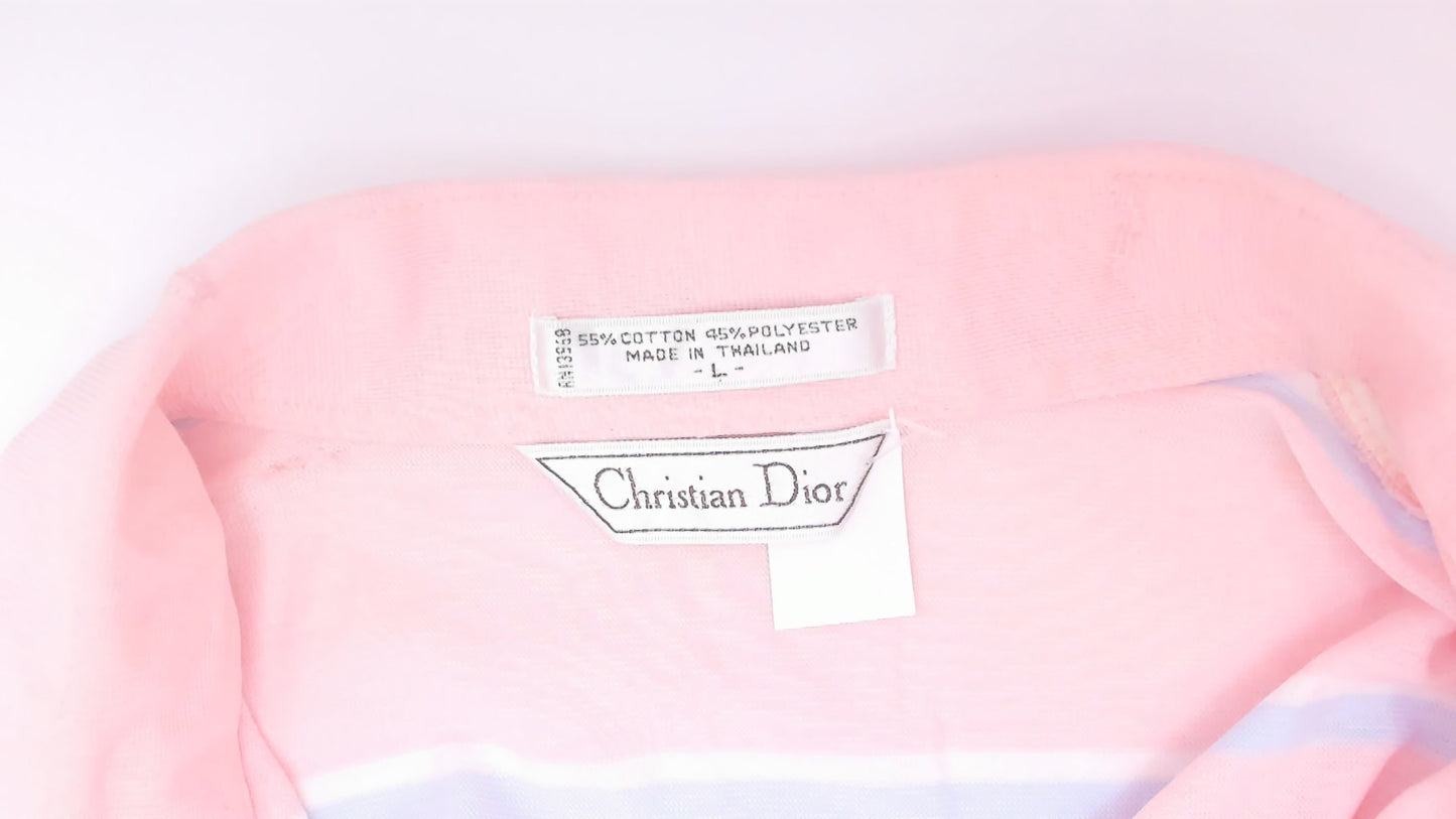 Christian Dior Polo 90s Striped Shirt Pink Blue Cotton Collared Top Pocket Pastel Blouse Preppy Collegiate Tennis Relaxed Fit Tee Large L