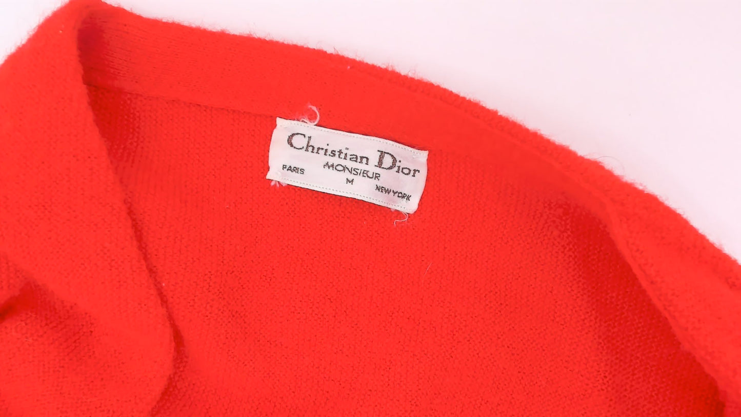 Christian Dior Cardigan 80s Red Button Front V Neck Sweater Knit Grandpa Preppy Collegiate Academic Cherry Scarlet Vintage Crimson Medium M