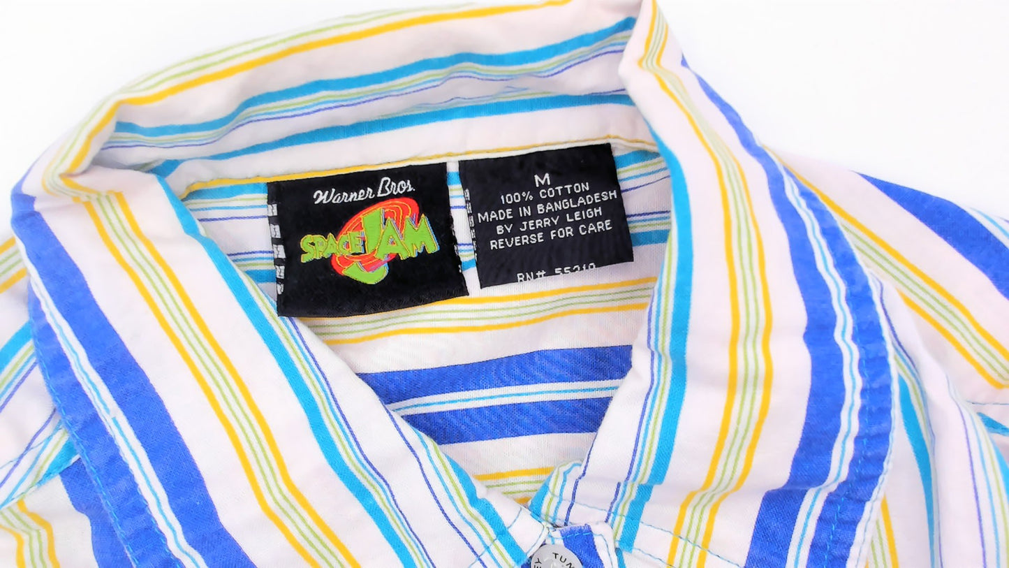 Space Jam Looney Tunes Striped Crop Top 90s Sleeveless Cotton Collared Shirt Cobalt Yellow White Bugs Bunny Lola Blouse Vintage Medium M