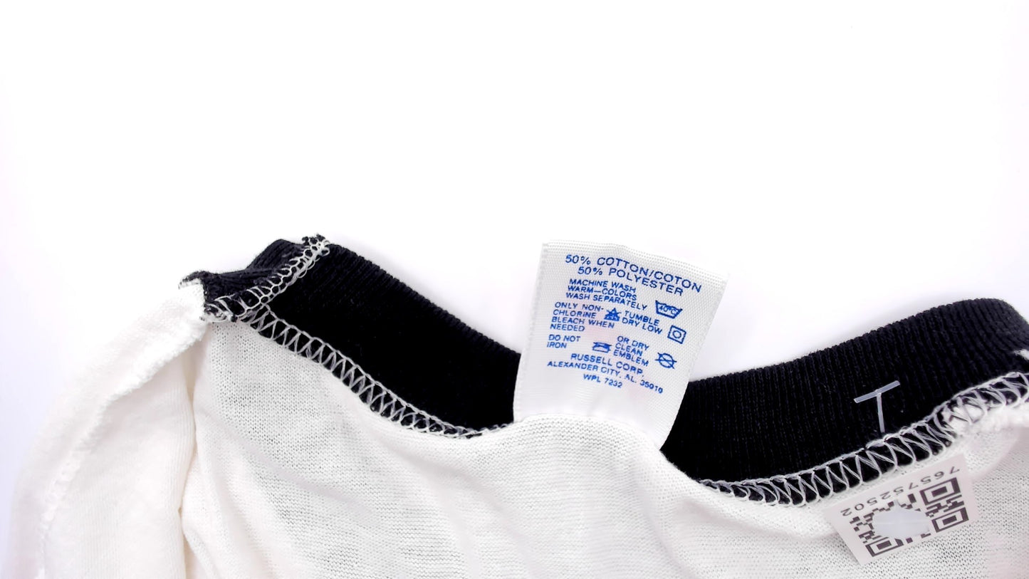 90s Watkins Productions Dance Showcase TV Show Ringer Tee Graphic Print White Black Trim Cotton Vintage Unisex Shirt Top Indie Large L