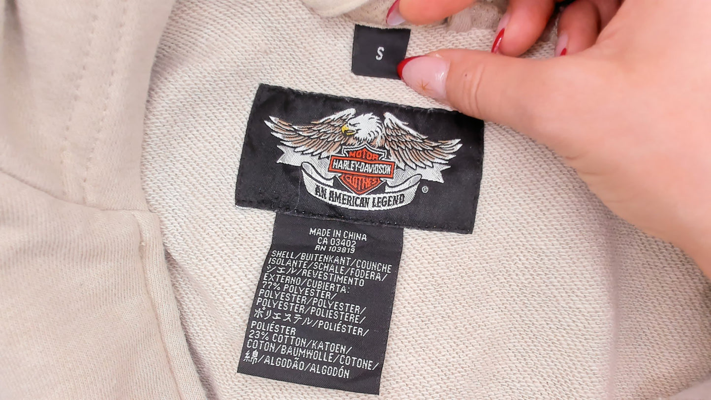 Harley Davidson Hoodie Vest 2000s Sleeveless Sweatshirt Cream Tan Cap Sleeve Hooded Top Y2K Biker Motorcycle Cropped Beige Vintage Small S