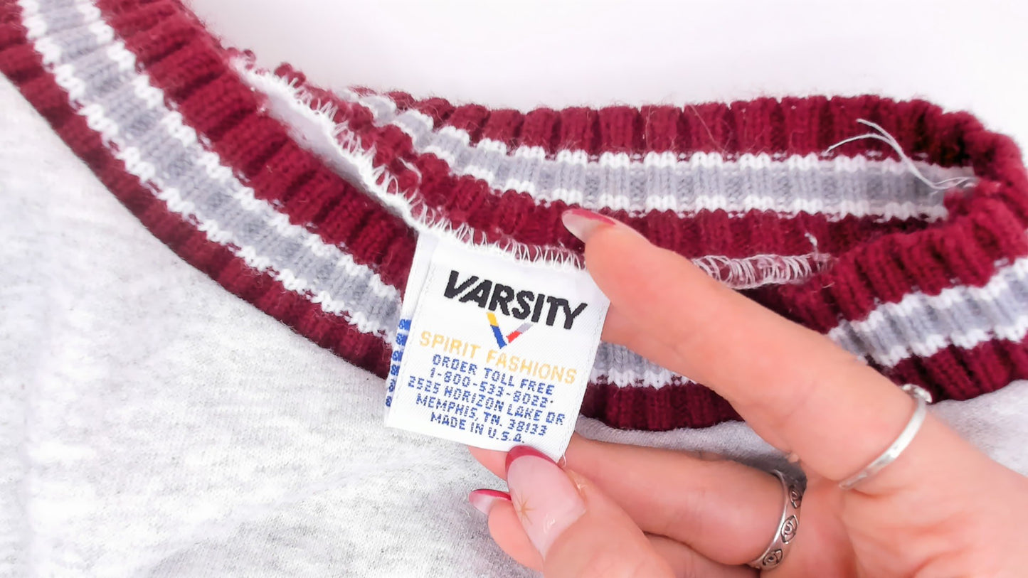90s EKU Colonels Sweatshirt Grey Maroon Striped Knit Band Varsity Collegiate Cotton University Kentucky Ash Heather Sporty Extra Large XL
