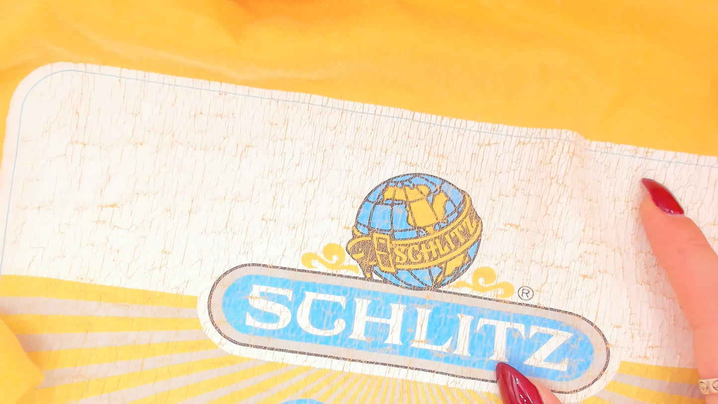 80s Schlitz Beer Tee Yellow Graphic Shirt Brewery Promo Pilsner Logo Cotton Boxy Gold Mustard Faded Worn Breweriana Vintage Extra Large XL
