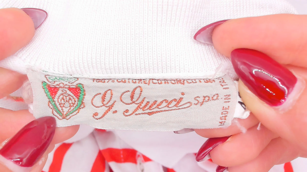 80s Gucci Striped Polo Red Green White Cotton Collared Italian Designer Short Sleeve Knit Top Preppy Collegiate Tennis Style Tee Small S