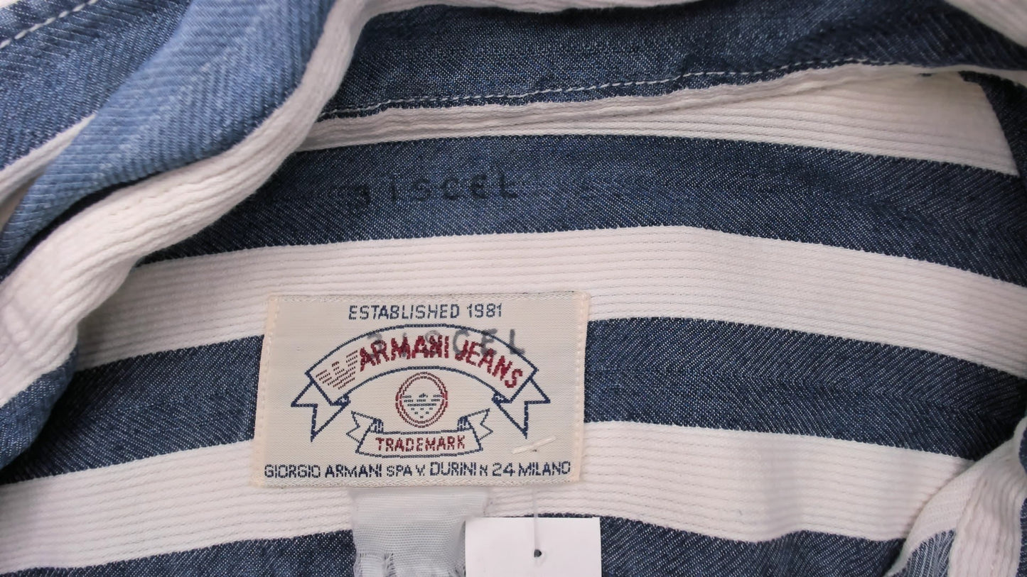 Armani Striped Denim Shirt 90s Navy White Cotton Button Front Relaxed Fit Stripe Long Sleeve Unisex Workwear Vintage Extra Extra Large XXL