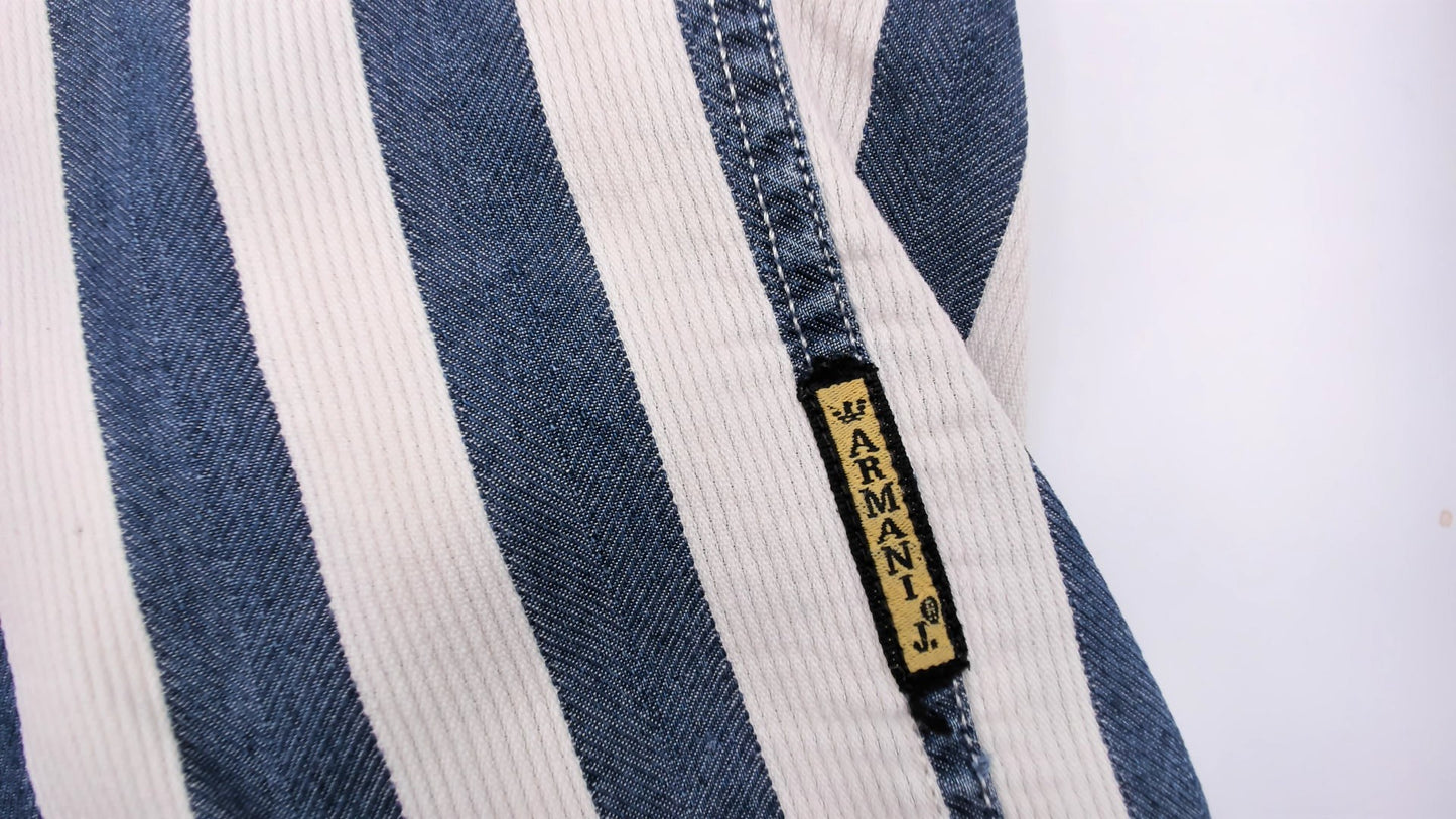 Armani Striped Denim Shirt 90s Navy White Cotton Button Front Relaxed Fit Stripe Long Sleeve Unisex Workwear Vintage Extra Extra Large XXL