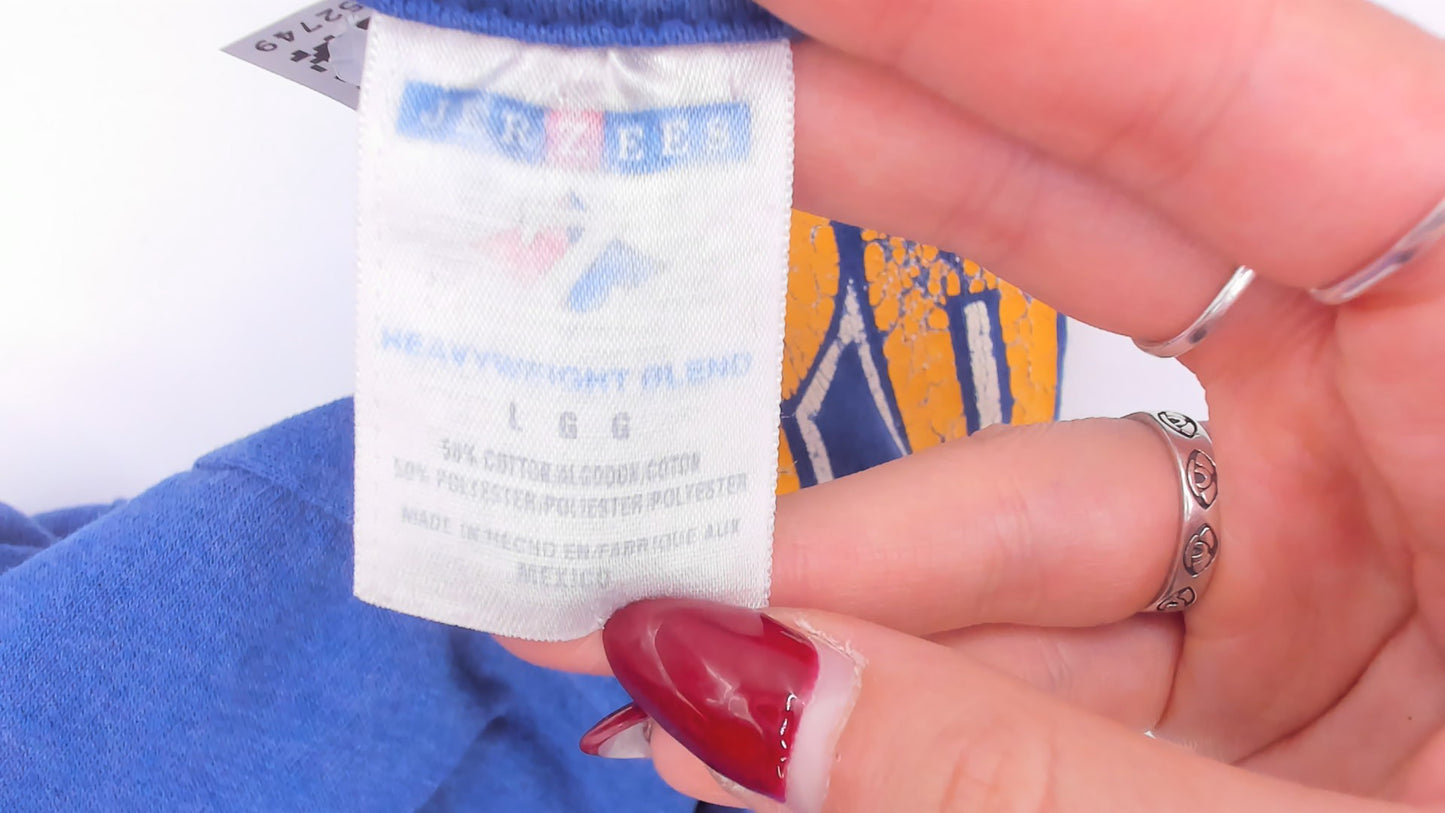 Sulphur Louisiana Tornado Tee 90s School Mascot Graphic Print Blue Gold Short Sleeve Spirit Shirt Vintage Jerzees Cotton Boxy Fit Large L