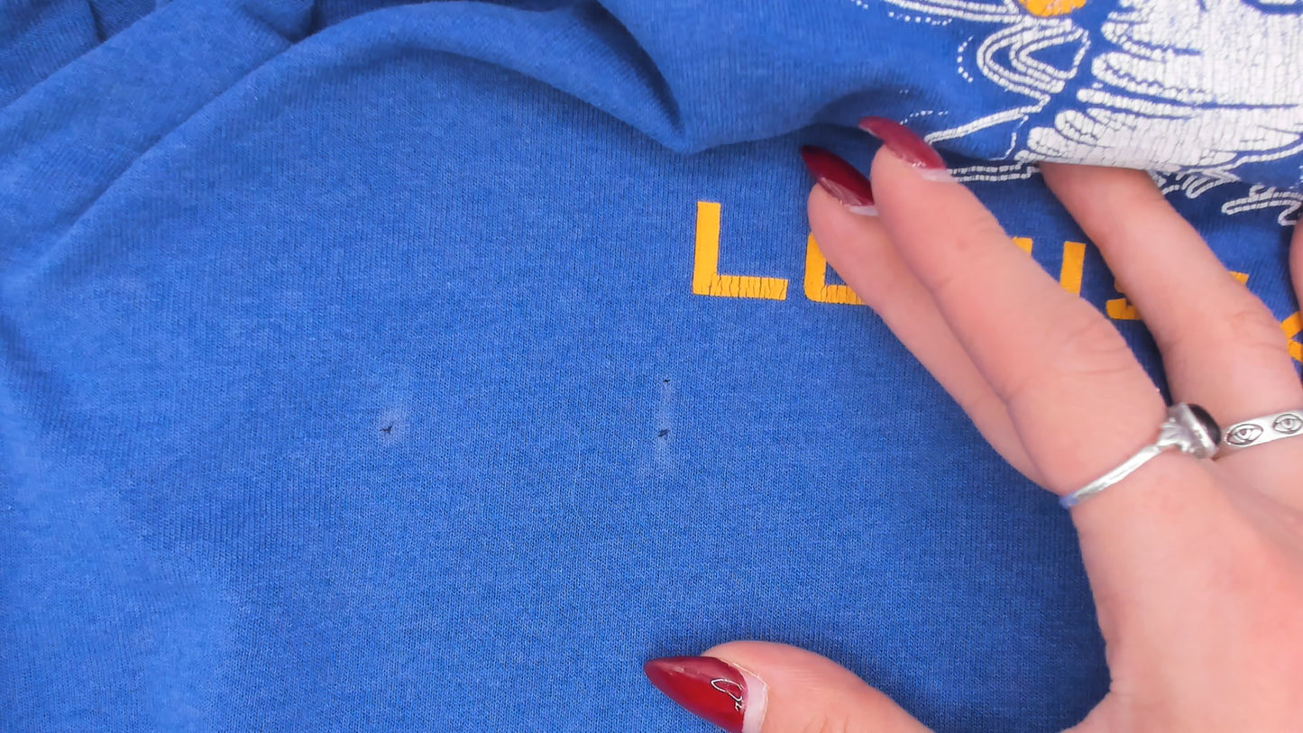 Sulphur Louisiana Tornado Tee 90s School Mascot Graphic Print Blue Gold Short Sleeve Spirit Shirt Vintage Jerzees Cotton Boxy Fit Large L