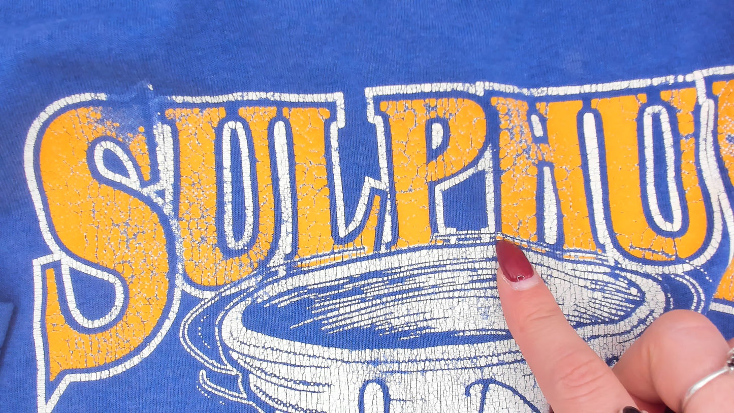 Sulphur Louisiana Tornado Tee 90s School Mascot Graphic Print Blue Gold Short Sleeve Spirit Shirt Vintage Jerzees Cotton Boxy Fit Large L