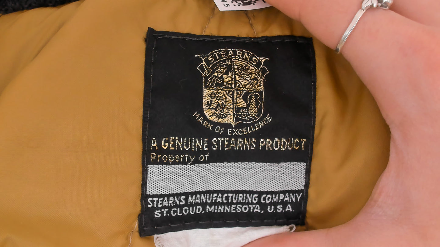 70s Stearns Snowmobile Suit Raider Twin Track Patches Black One Piece Jumpsuit Belted Coverall Racing Stripe Patch Logo Winter Snow Utility Workwear Moto Vintage Extra Small XS