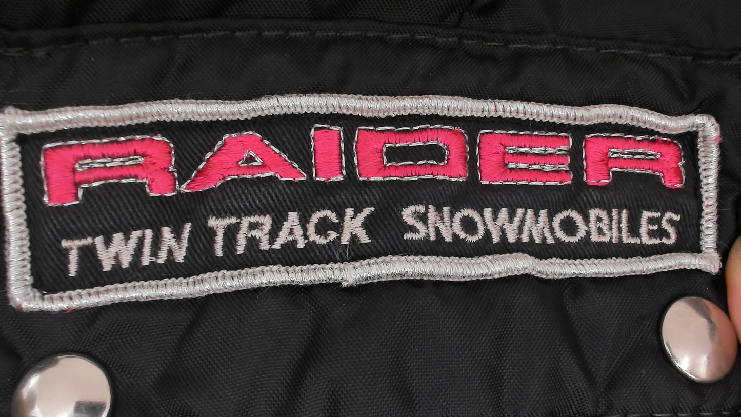 70s Stearns Snowmobile Suit Raider Twin Track Patches Black One Piece Jumpsuit Belted Coverall Racing Stripe Patch Logo Winter Snow Utility Workwear Moto Vintage Extra Small XS