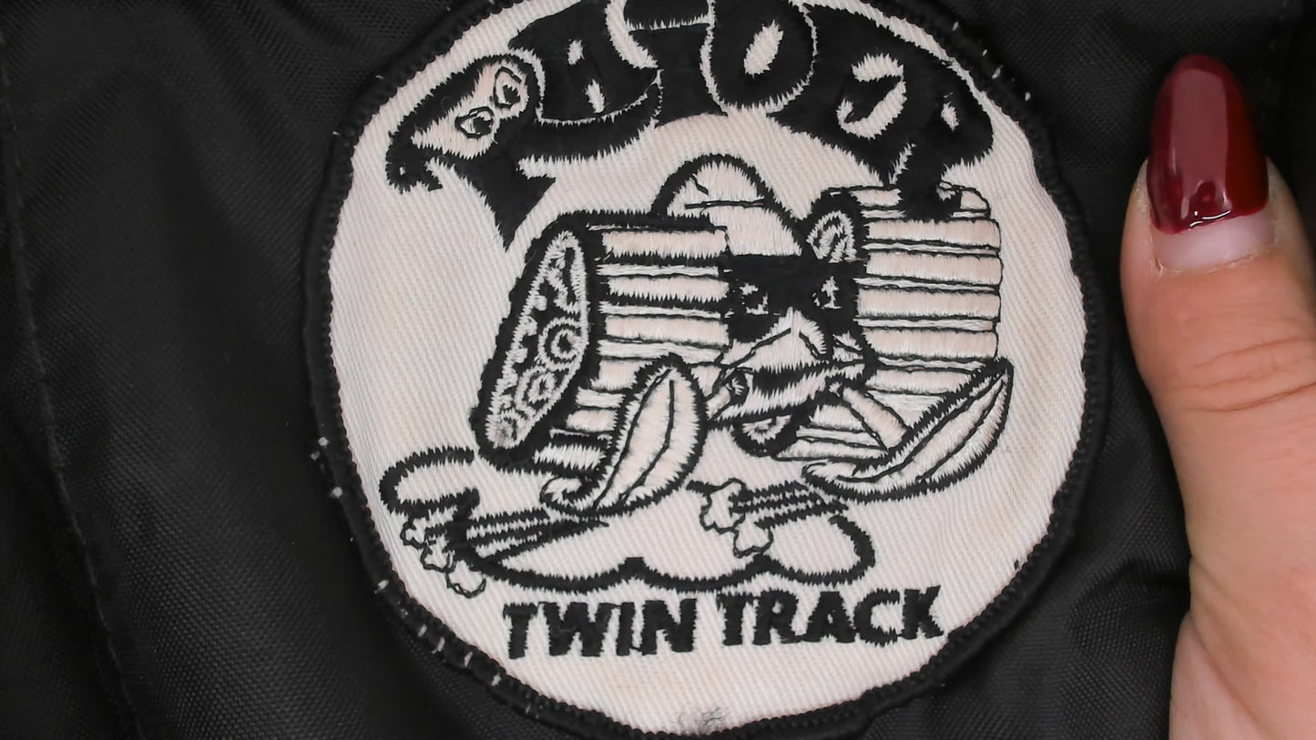70s Stearns Snowmobile Suit Raider Twin Track Patches Black One Piece Jumpsuit Belted Coverall Racing Stripe Patch Logo Winter Snow Utility Workwear Moto Vintage Extra Small XS