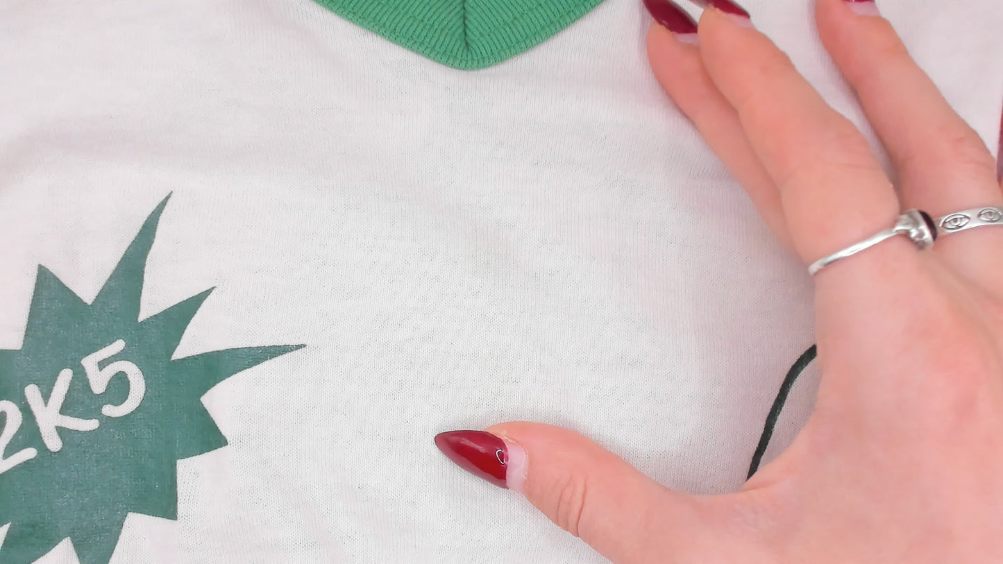TV Nerd Fest 2K5 Raglan Jersey Tee Green White V Neck Striped Sleeve Baseball Shirt Varsity Athletic Cotton Graphic Print Collegiate Preppy Sporty Vintage Top Medium M