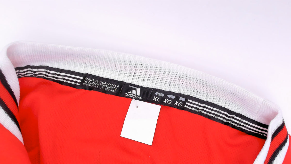Y2K Chicago Bulls Jersey Adidas Red NBA Basketball Tank Top Noah 13 Sleeveless Boxy Long Crew Neck White Black Stripe Trim Graphic Sports Fan Unisex Extra Large XL