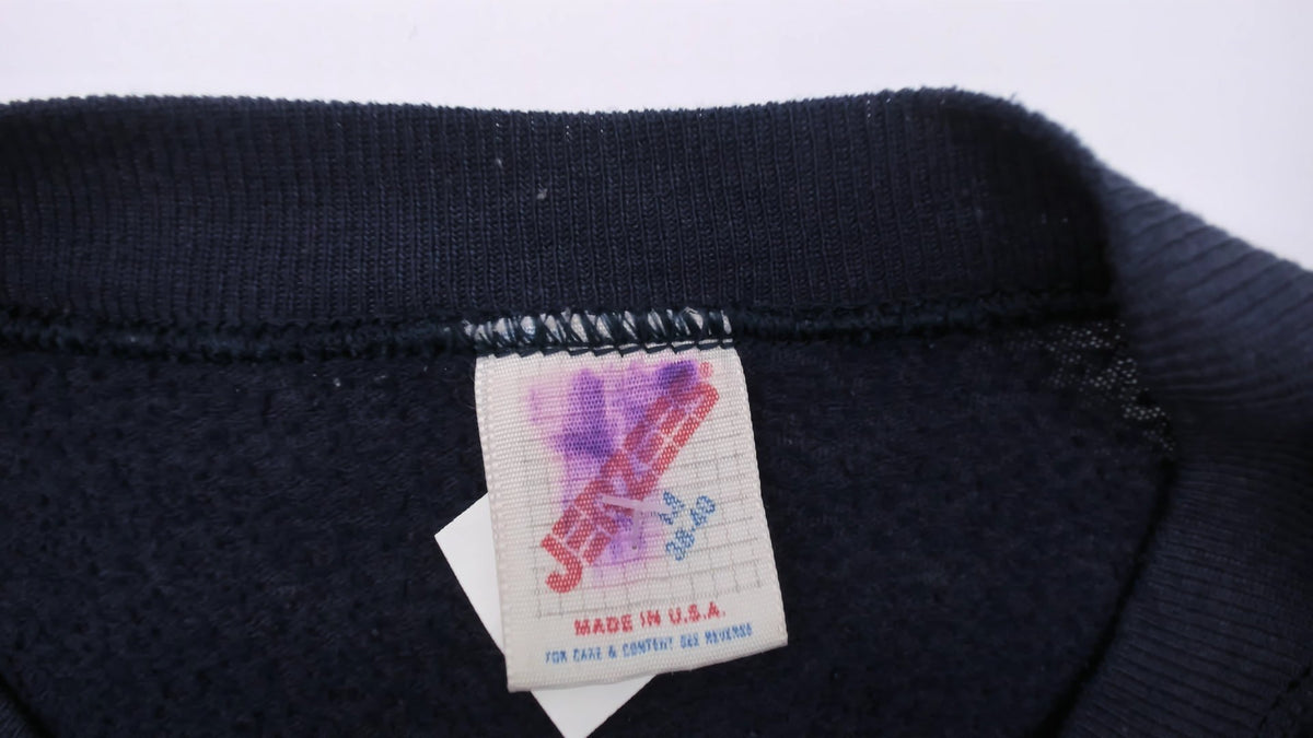 90s Distressed Navy Sweatshirt Trucking Company Embroidered Logo Raglan Sleeve Crew Neck Cotton Pullover Jerzees Grunge Thrashed Faded Blue Workwear Unisex Top Small S