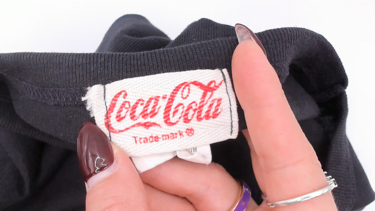 80s Coca-Cola Graphic Tee Black White Checker Print Long Sleeve Cotton T Shirt Color Block Diagonal Logo Crew Neck Boxy Race Flag Tunic Top Soda Pop Medium M