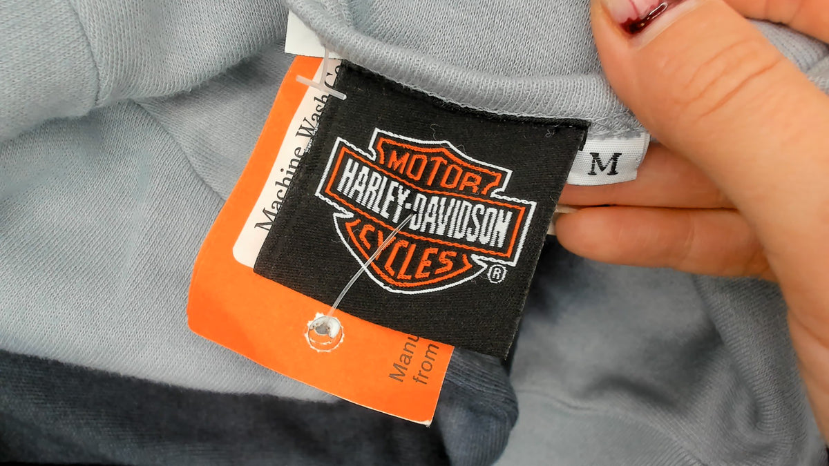Harley Davidson Top Y2K Tie Dye Ombre Blue Navy Gray Cotton Long Sleeve Crop Shirt Heart Graphic Biker Motorcycle Crew Neck Grunge Rocker Fitted Womens Medium M