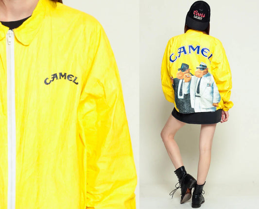 Camel Joe Jacket Tyvek Jacket Vintage CAMEL CIGARETTES 90s Windbreaker Smoker Thin Plastic Coat Bright Smoking Yellow Extra Large XL