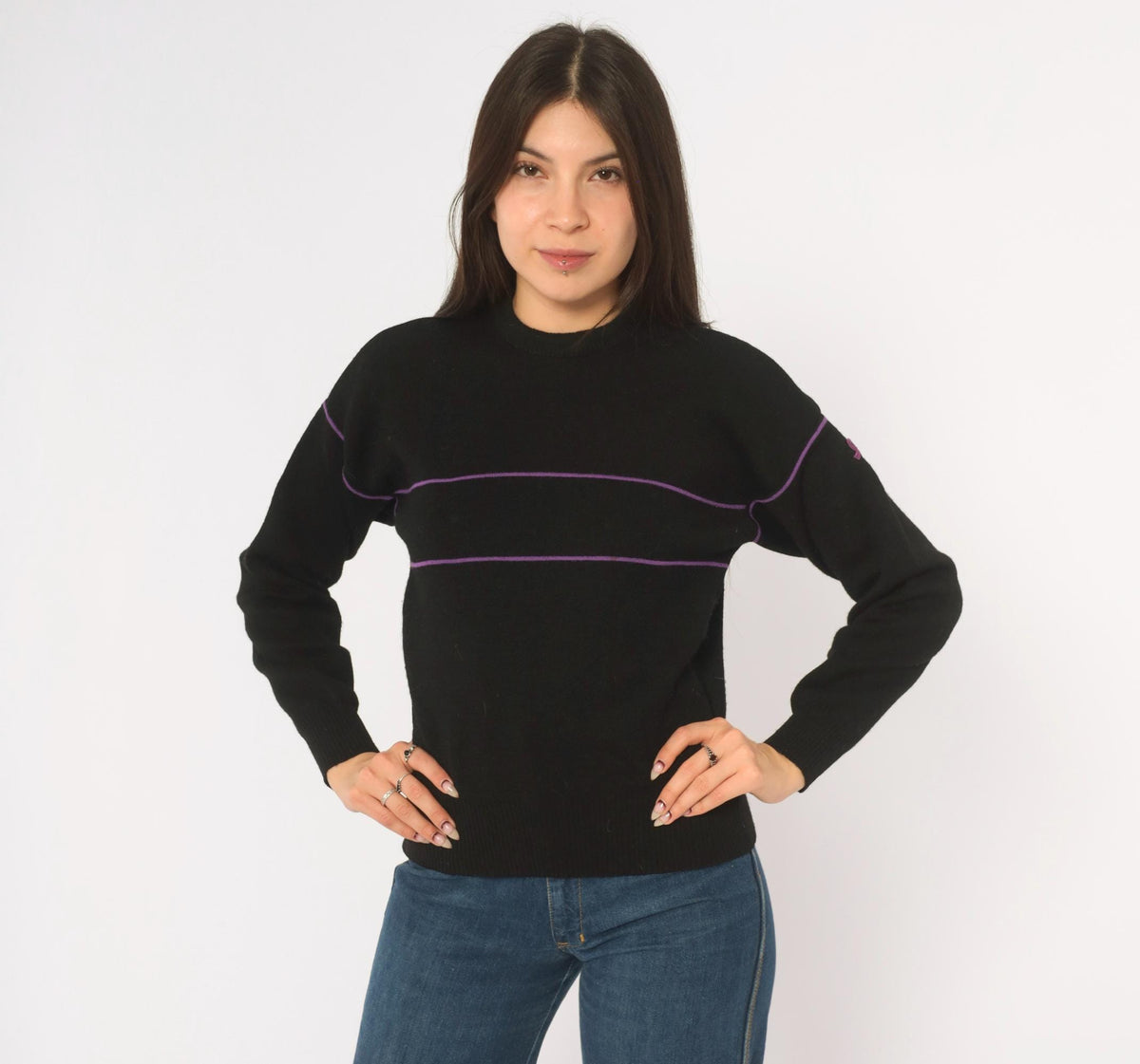 80s Demetre Black Wool Sweater Purple Stripe Crewneck Small S