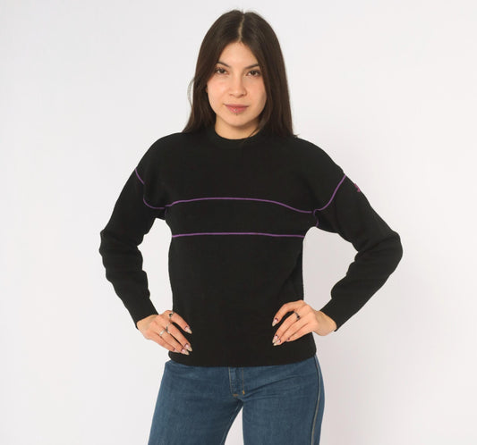 80s Demetre Black Wool Sweater Purple Stripe Crewneck Small S