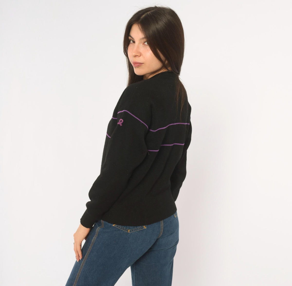 80s Demetre Black Wool Sweater Purple Stripe Crewneck Small S