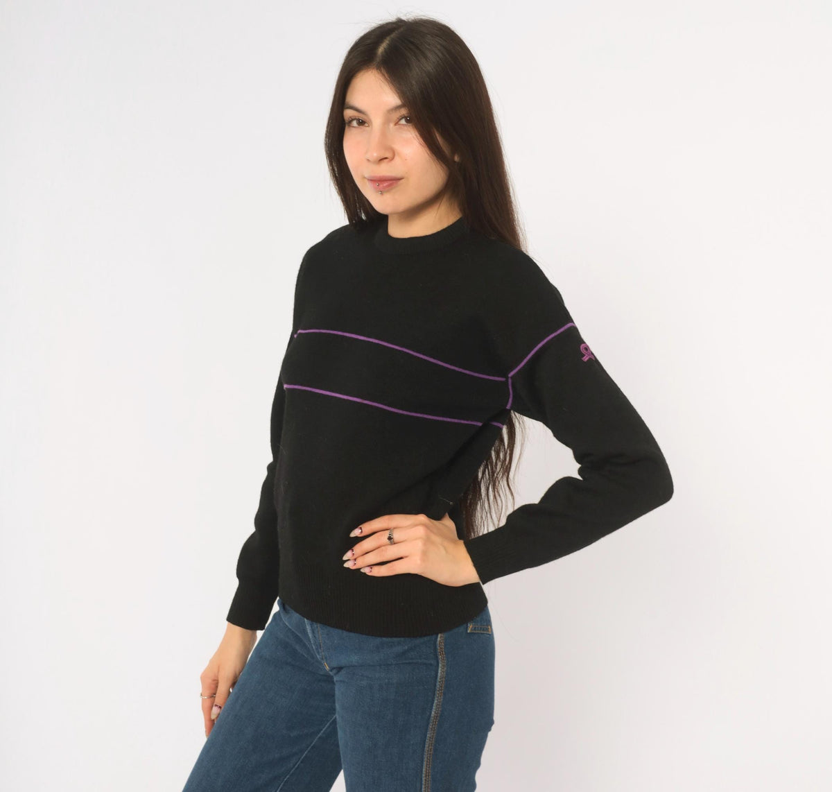 80s Demetre Black Wool Sweater Purple Stripe Crewneck Small S