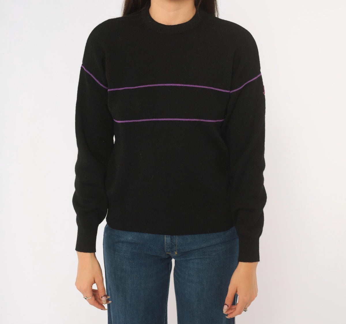 80s Demetre Black Wool Sweater Purple Stripe Crewneck Small S