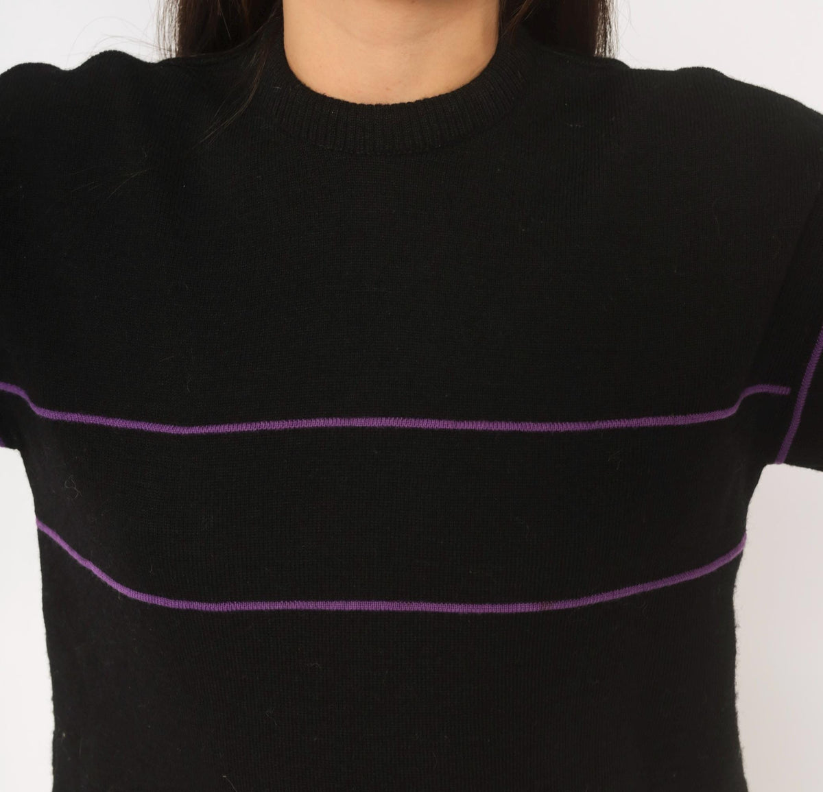 80s Demetre Black Wool Sweater Purple Stripe Crewneck Small S