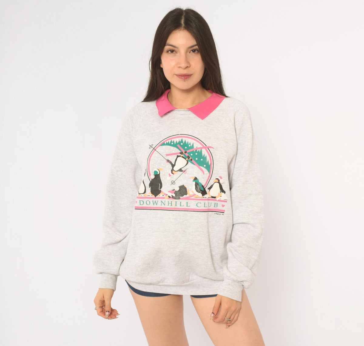90s PegiGoff Penguin Ski Sweatshirt Grey Pink Collar Graphic Crewneck Large L