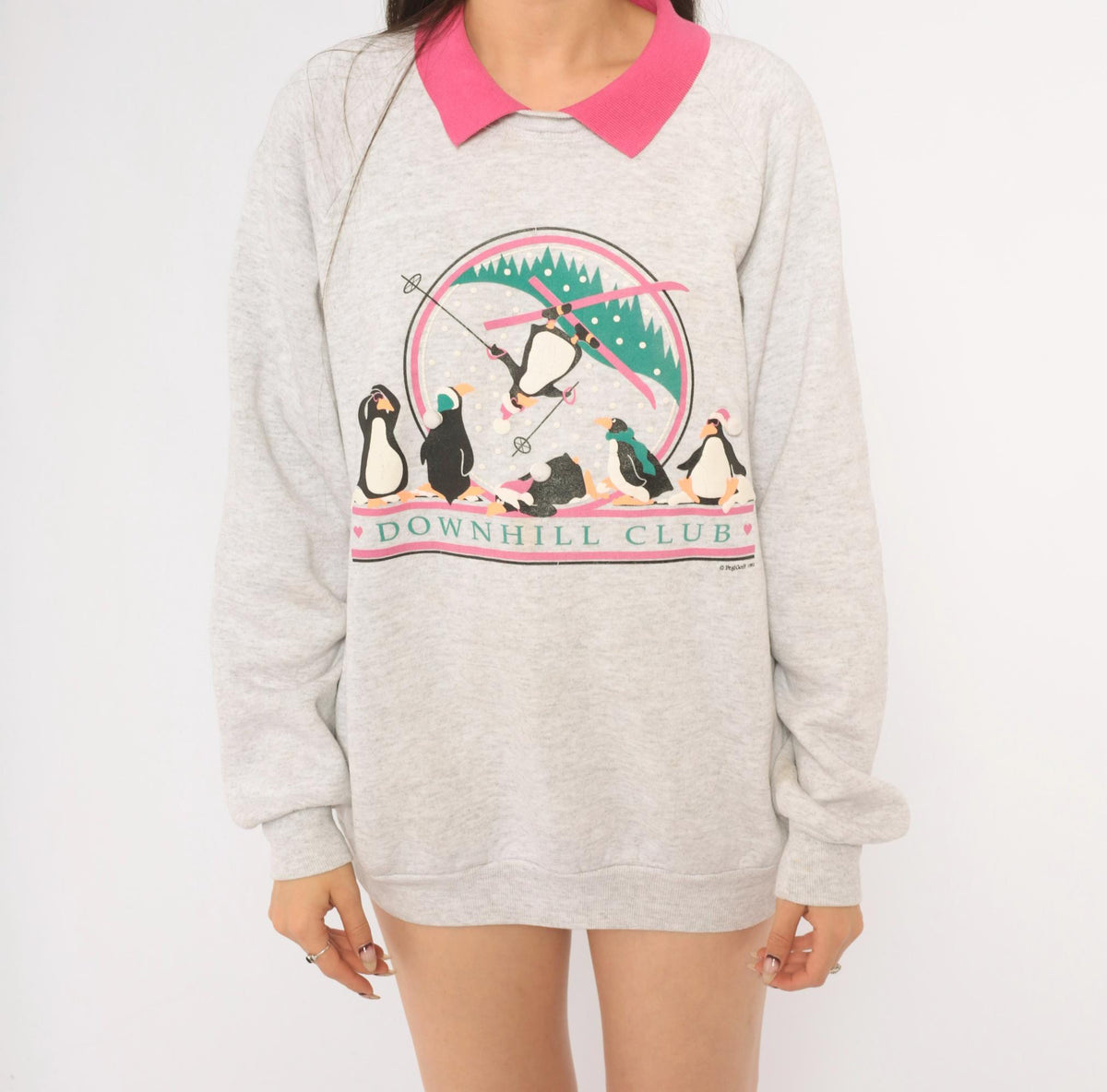 90s PegiGoff Penguin Ski Sweatshirt Grey Pink Collar Graphic Crewneck Large L