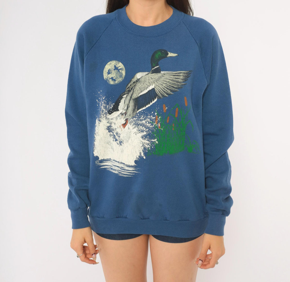 90s Jerzees Duck Sweatshirt Cobalt Blue Mallard Graphic Crewneck Medium