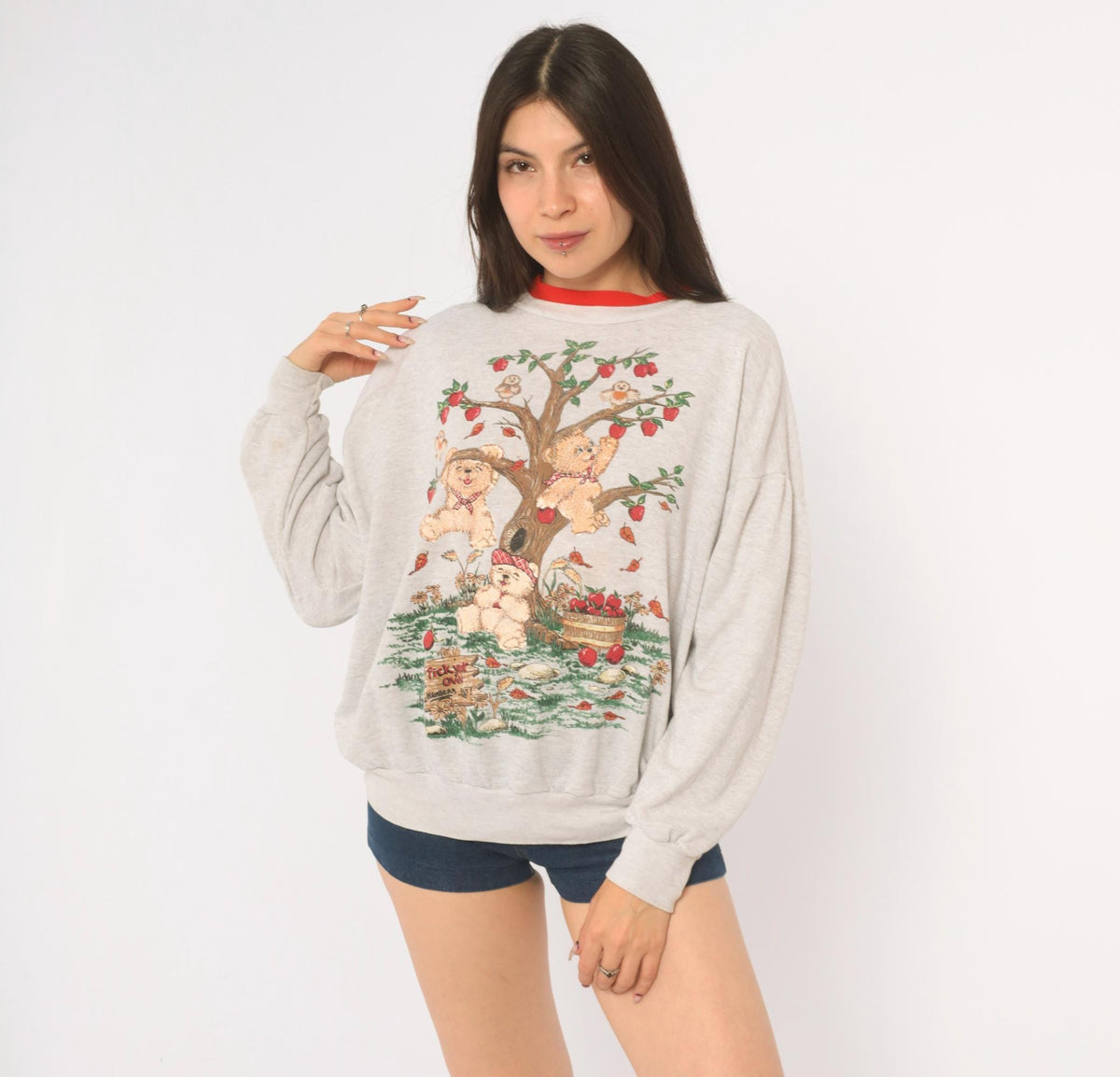90s Basic Editions Teddy Bear Apple Tree Sweatshirt Grey Raglan Large L