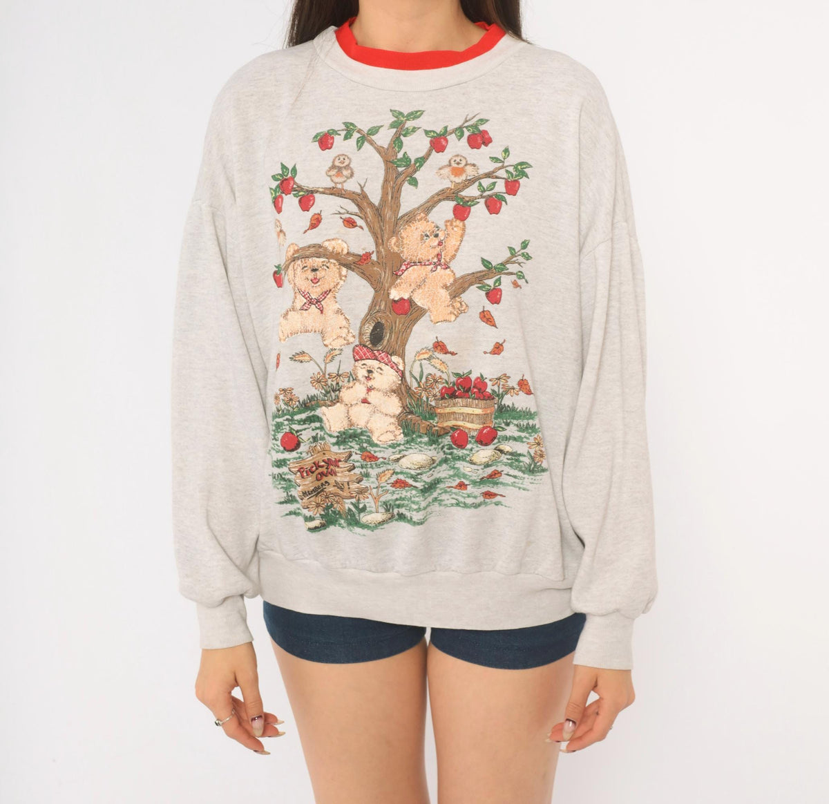 90s Basic Editions Teddy Bear Apple Tree Sweatshirt Grey Raglan Large L
